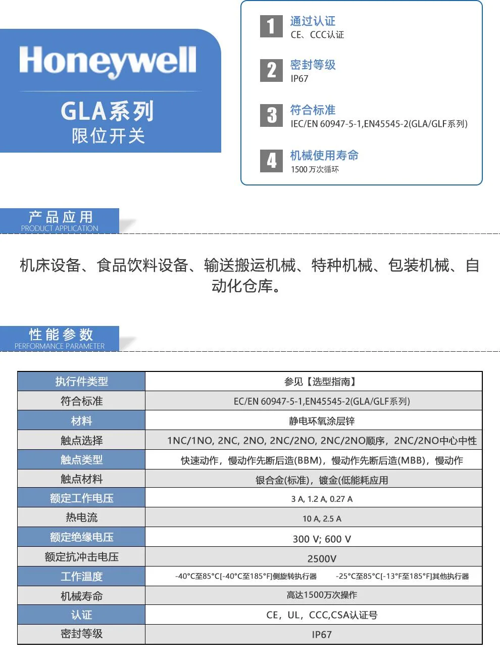 霍尼韦尔Honeywell GLA系列行程限位开关