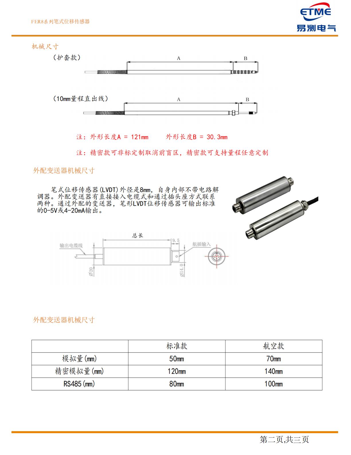 FER8系列位移传感器选型代码与信号输出对照表