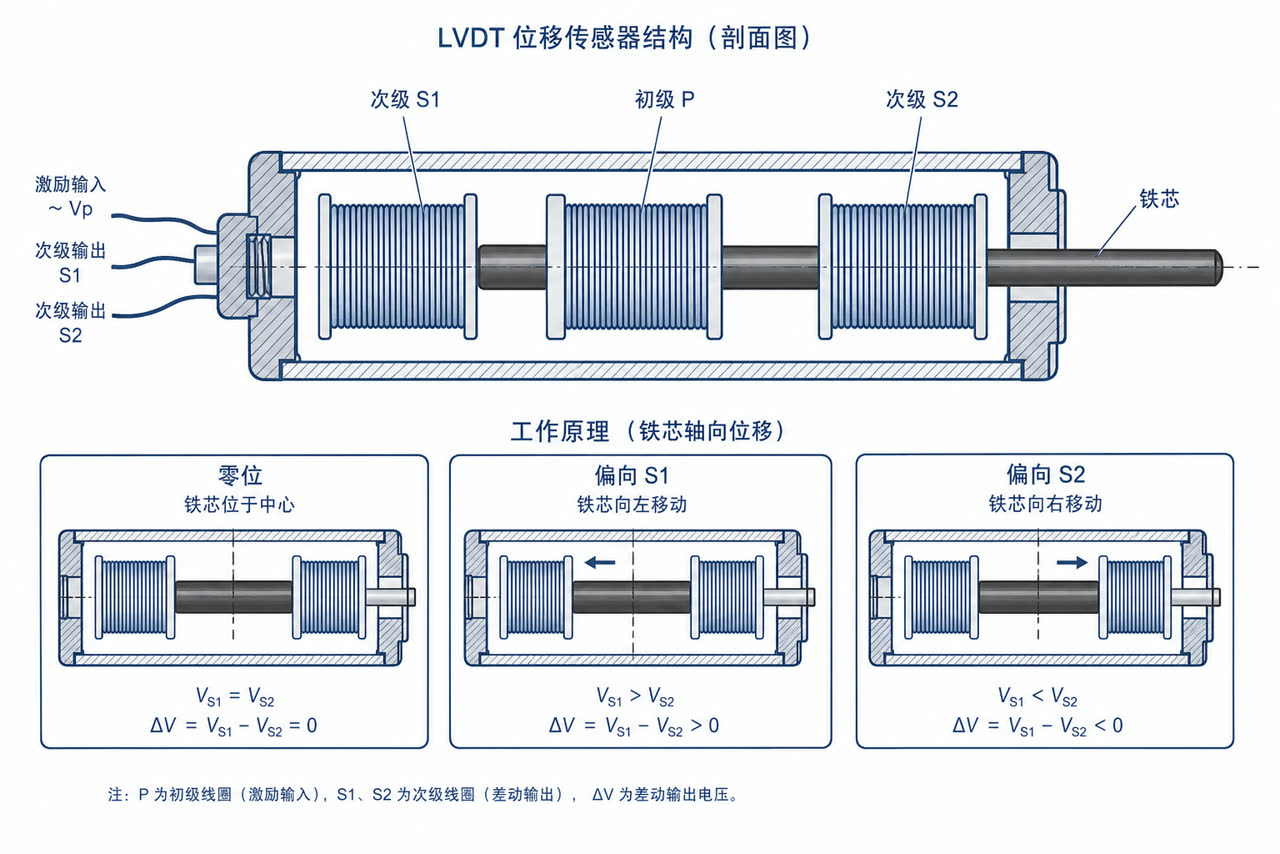 行业示意:初级激励与两侧次级差分,调理器负责激励与解调