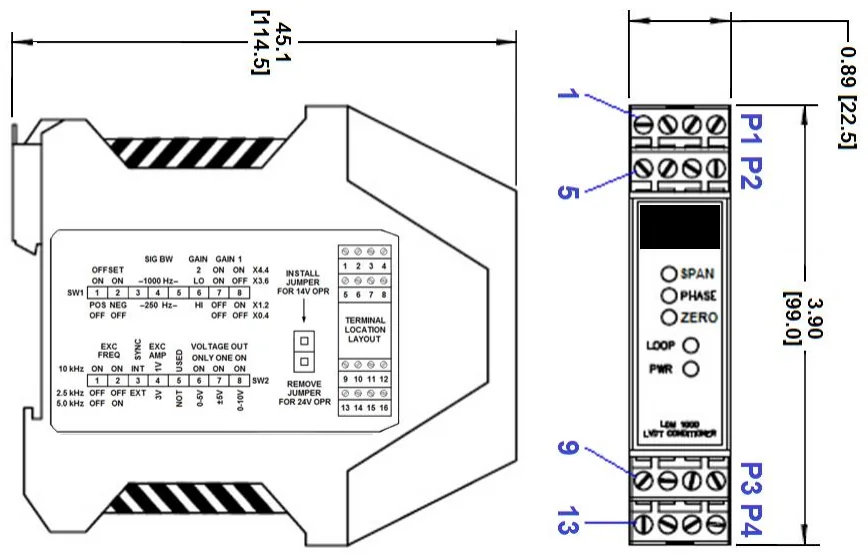 LDM-1000调理模块外形尺寸与端子视图:高99mm、宽22.5mm、深114.5mm,端子1至16分P1到P4四排