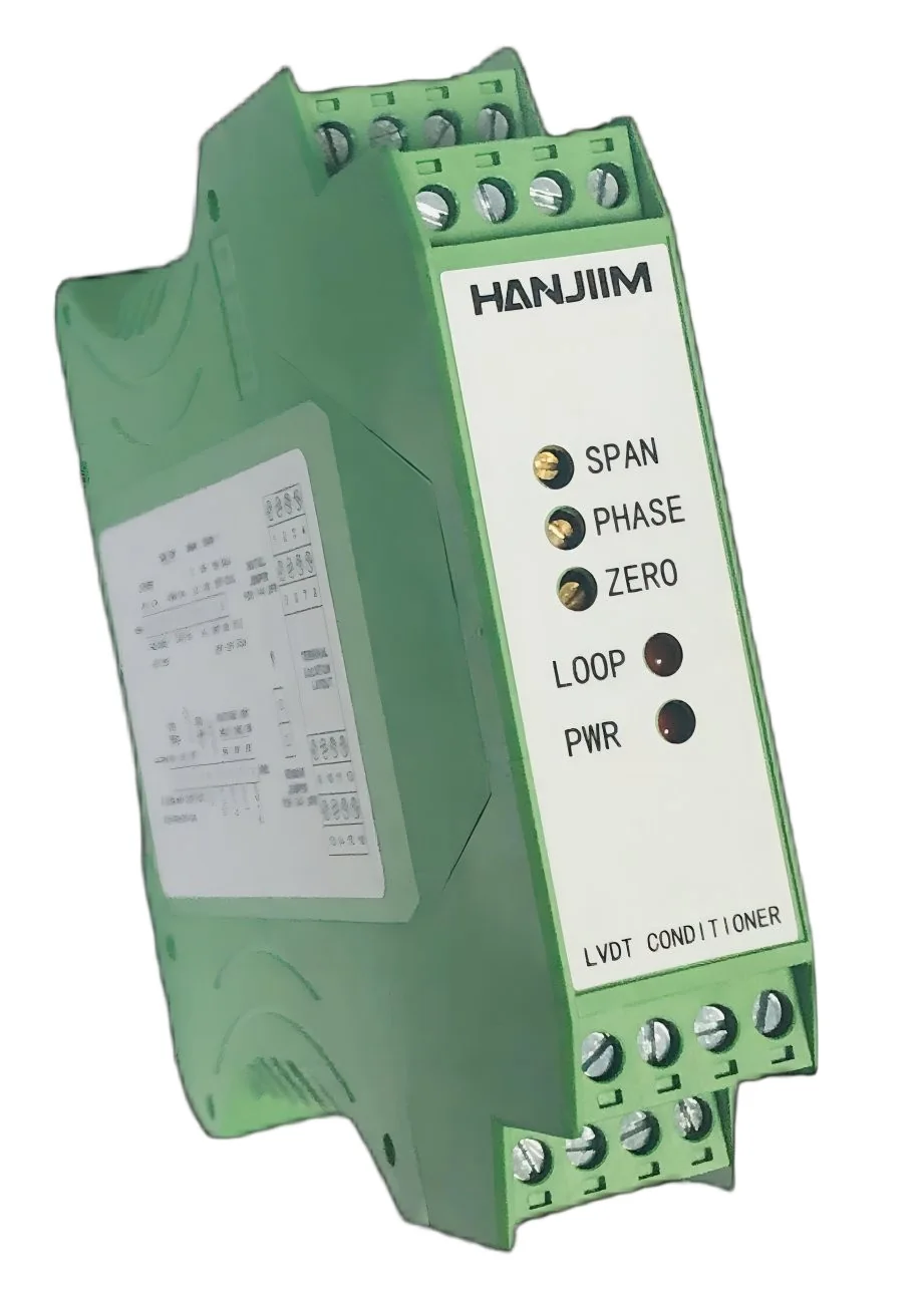 LDM-1000 LVDT信号调理模块实物,DIN导轨安装,前面板含SPAN、ZERO、PHASE多圈电位器与状态指示灯