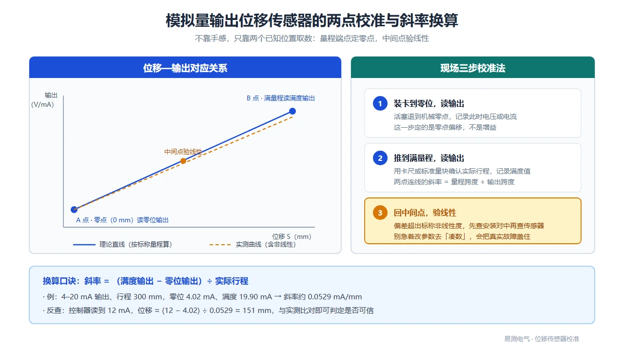 模拟量输出位移传感器两点校准示意图与斜率换算方法