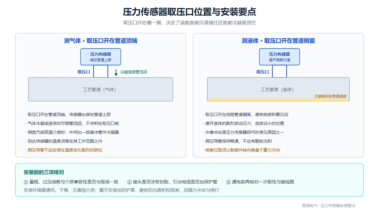 压力传感器取压口位置：测气体开在管道顶端，测液体开在管道侧面