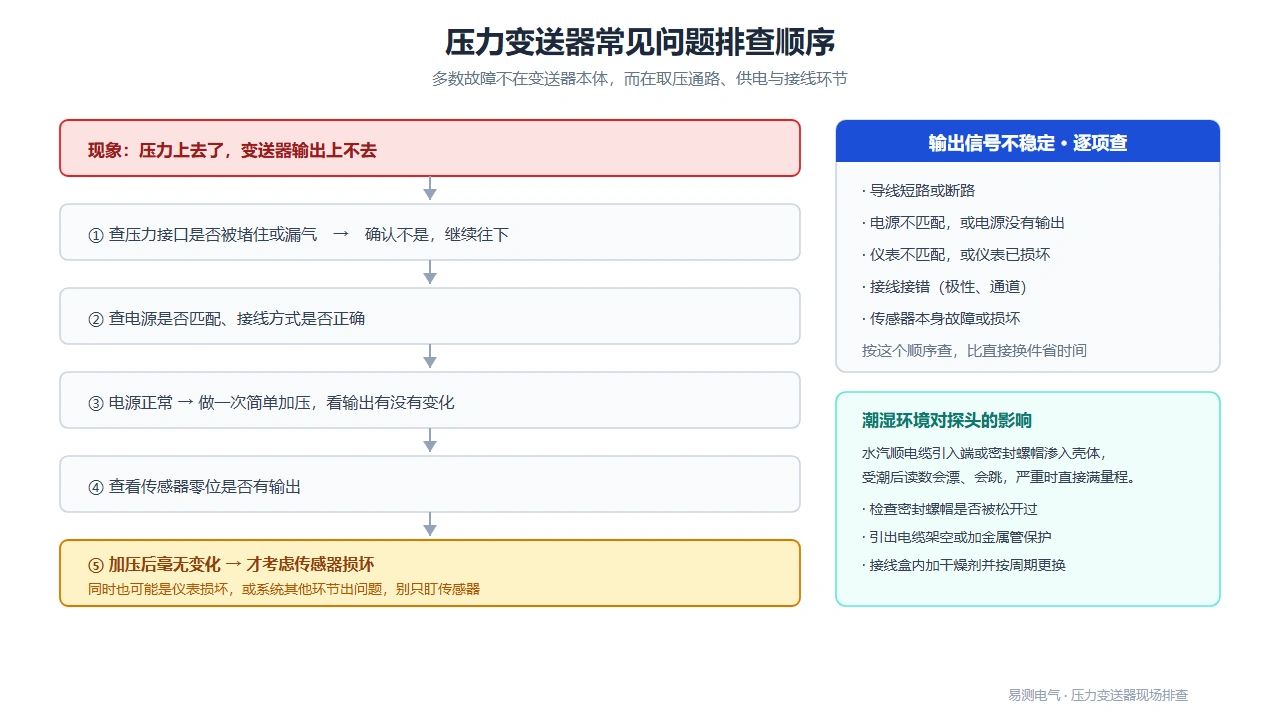 压力变送器常见问题排查顺序：从取压通路、供电接线到传感器本体