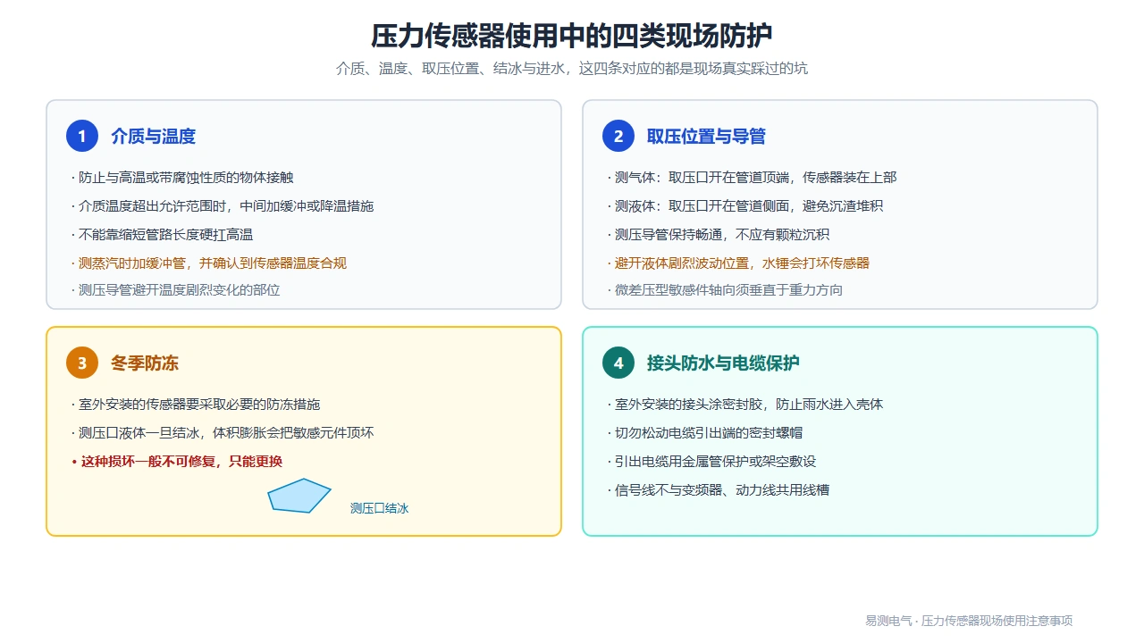 压力传感器使用中的四类现场防护：介质温度、取压位置、防冻与防水