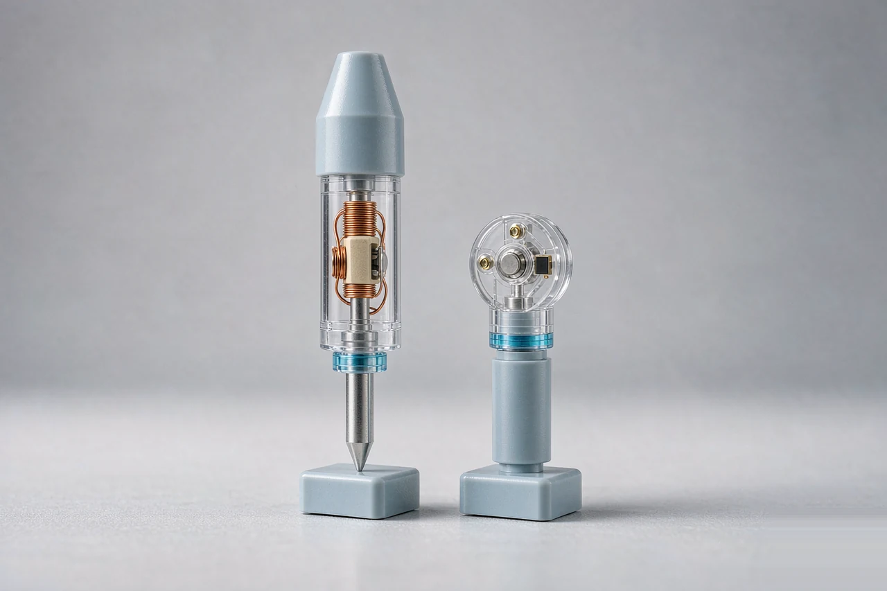 左侧 LVDT 探头可见线圈与可动铁芯,右侧更小的霍尔式探头内部为磁钢与霍尔元件